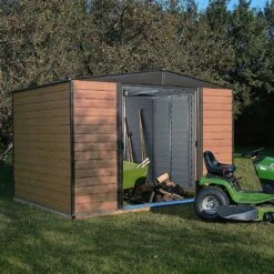 Arrow Woodvale 10x6 Apex Coffee Metal Shed -Outlet Power Lawn Mower Store arrow woodvale 10x6 apex coffee metal shed5013856015222 01i