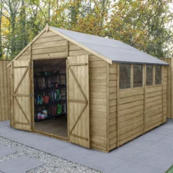 Forest Garden 10x10 Ft Apex Overlap Wooden 2 Door 4 Windows Shed With Floor - Assembly Service Included